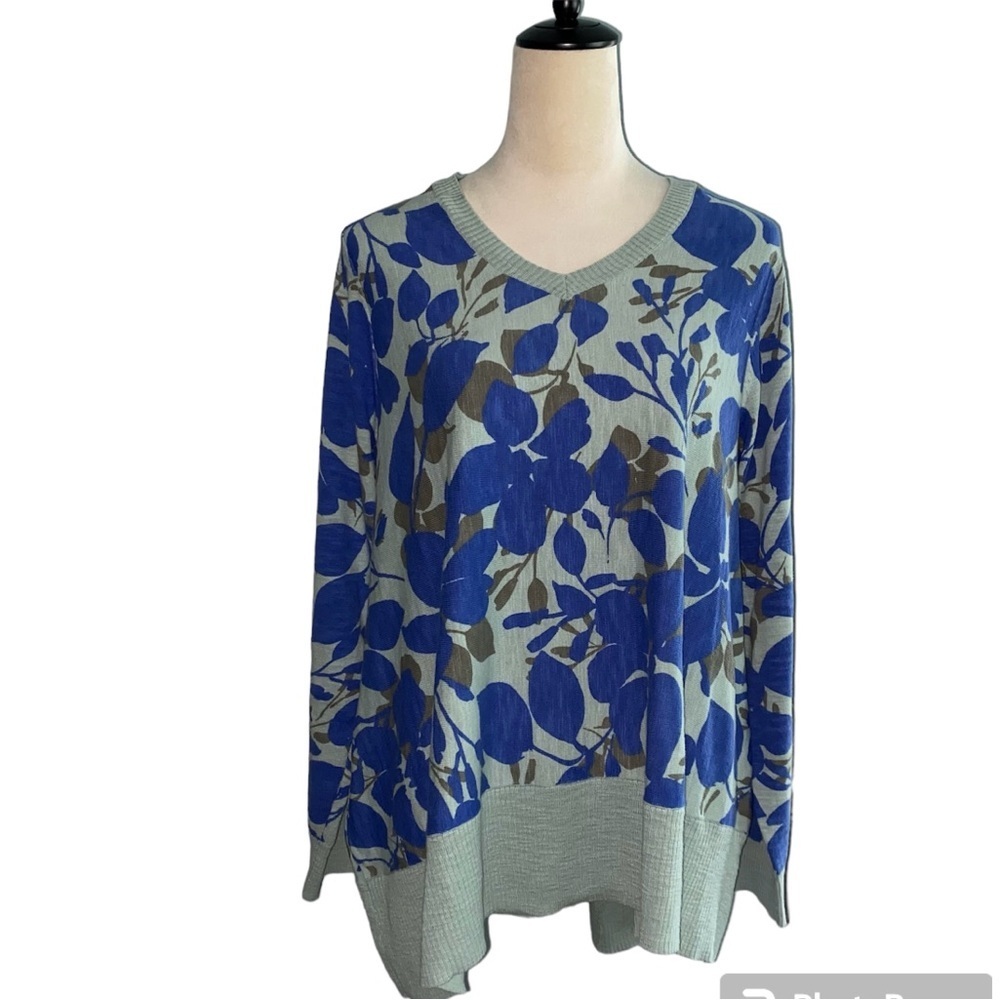 LOGO Lori Goldstein Women’s V-Neck Floral Sweater Green Blue Oversized Cotton L